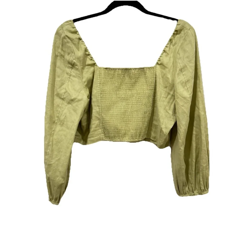 Babaton Hadwyn Rare Pistachio Green Crop Top Puff Sleeve‎ Size Large Linen Blend